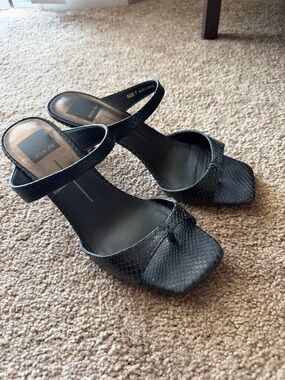 Dolce Vita Black Snake-Embossed Square Toe Heeled Sandals